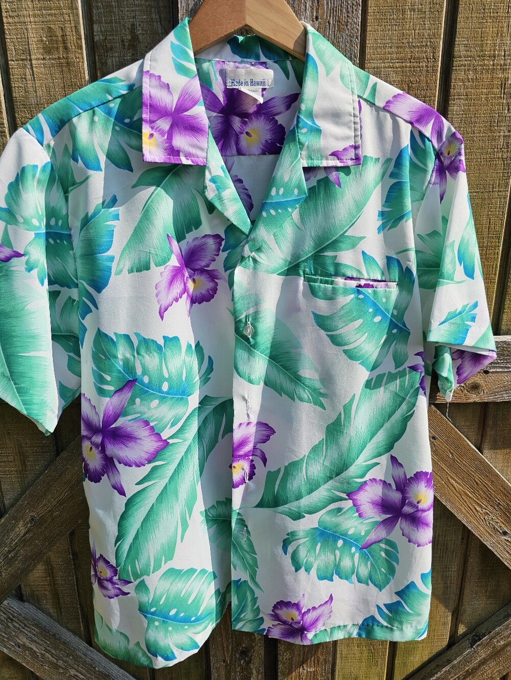 Vtg Made In Hawaii Hawaiian Shirt Mens Large L Polyester Orchid Palm Leaf Purple